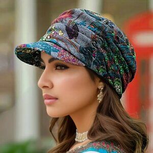NWOT Vintage Floral Newsboy Hat - Lightweight Ruched Peaked Cap - Grey